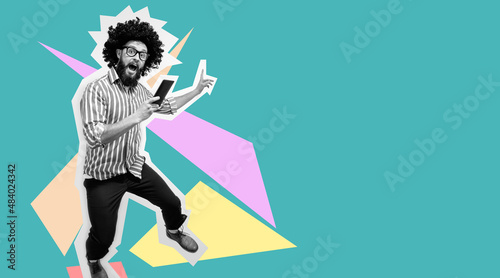 Jumping, running man with tablet. Collage in magazine style. Discount, sale, season sales, copyspace for ad. Colorful summer concept. Crazy hipster guy emotions