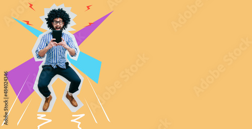 Jumping, running man with tablet. Collage in magazine style. Discount, sale, season sales, copyspace for ad. Colorful summer concept. Crazy hipster guy emotions