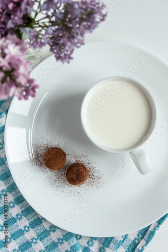 truffles with cocoa with chocolate and marshmallows and a cup of fresh milk