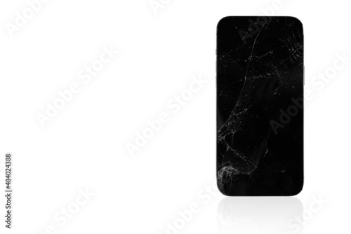 Broken smartphone isolated on white background. The smartphone display is broken.
