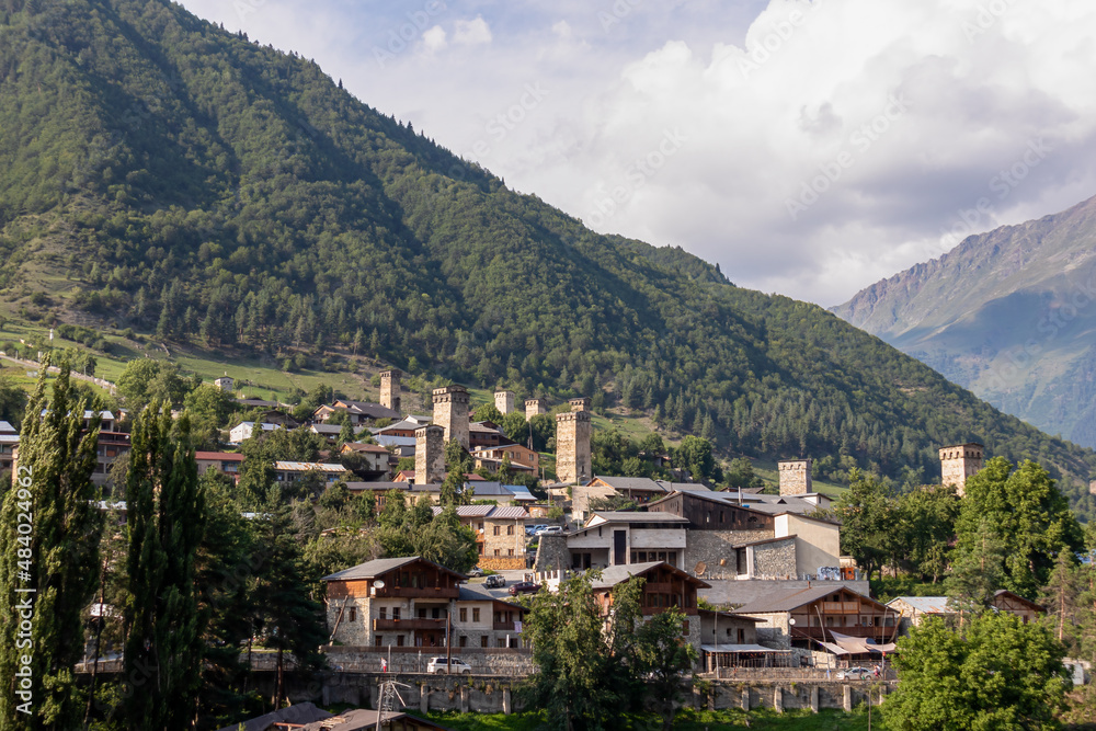 Panoramic view on the Svan towers in Mestia, a highland townlet, located in the High Caucasus, Svaneti Region in Georgia.The Svan watch towers have a unique defensive architectural structure. Rural
