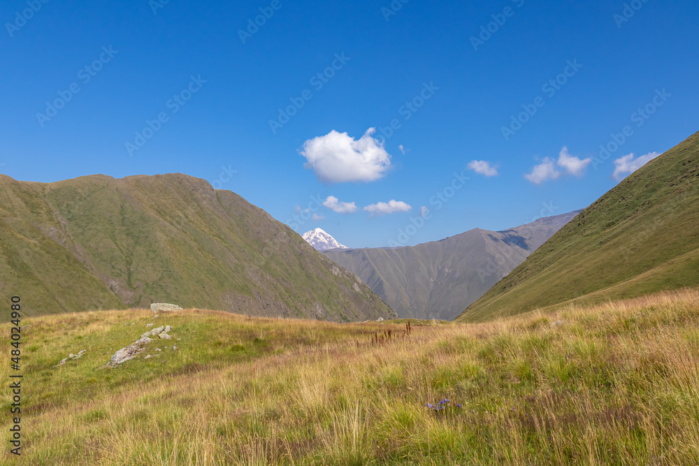 A distant panoramic view on the sharp mountain peaks of the Ushba massif in the Greater Caucasus Mountain Range in Georgia, Kazbegi Region. Mountain Ridges, Hiking, High Grass. Georgian Dolomites.