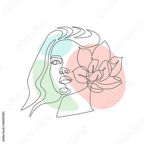 Woman face with flower in one continuous line drawing. Abstract female portrait in simple linear style with magnolia floral motif. Vector illustration with spring colours freeform