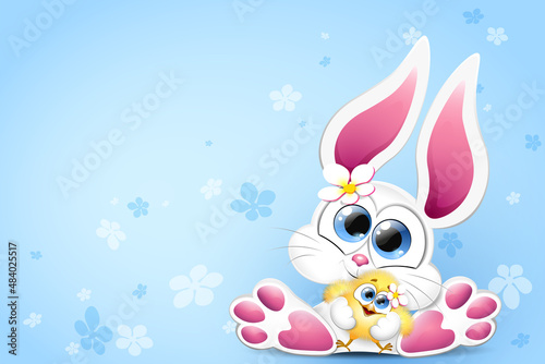 Bunny and chick with flowers