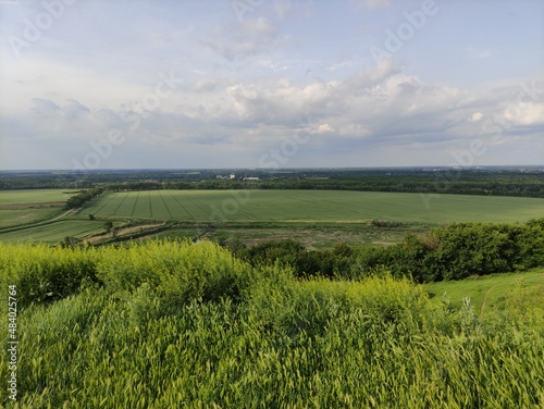 Landscape - valley  fields  forest and sky in clouds