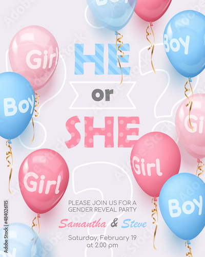 Poster for gender reveal party with  realistic pink and blue balloons with text boy, girl, gold ribbons. Vector illustration for card, , design, flyer, poster, decor, banner, web, advertising. 