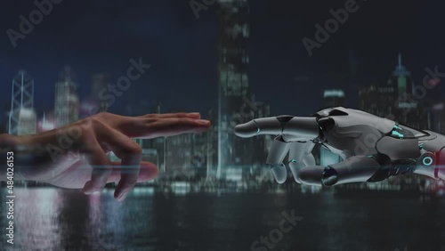 Robot and human hand touching against the backdrop of the night city. Fusion of machine and people. Concept Technological Future. Artificial intelligence in people's lives.