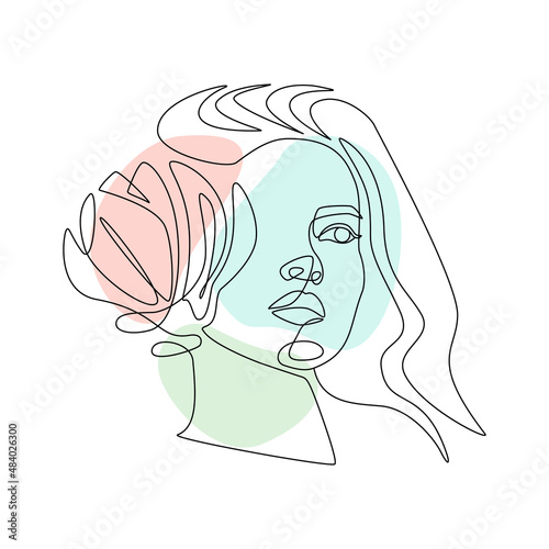 Woman face with magnolia flower in one continuous line drawing. Abstract female portrait in simple linear style and floral motif. Vector illustration with spring colours freeform for logo and wall art