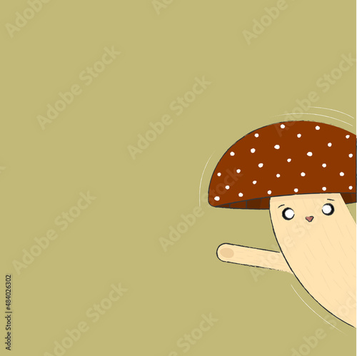 Postcard with a cute mushroom on a green background. Background, template for text, congratulations. Hand drawn children's illustration. Vector illustration.