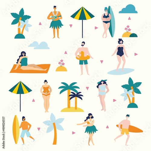 Summer background with people on the beach in the flat style © virinaflora