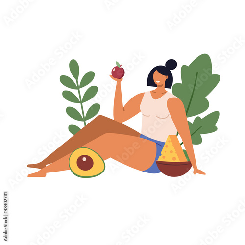 Healthy eco diet plan vector illustration. Fresh organic vegetable. Woman planning diet with fruit and vegetable. Concept of healthy food, meal planning, nutrition consultation, balance diet program