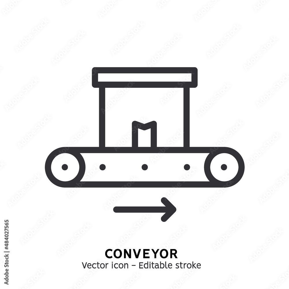 Conveyor line icon. Warehouse conveyor belt with package box pictogram. Warehouse tool, global logistic industry, delivery service frozen product flat outline icon. Editable stroke Conveyor line icon. Warehouse conveyor belt with package box pictogram. Warehouse tool, global logistic industry, delivery service frozen product flat outline icon. Editable stroke