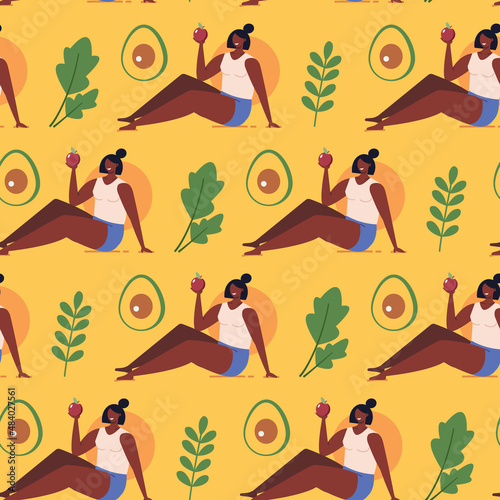 Healthy eco diet plan vector illustration. Fresh organic vegetable. Woman planning diet with fruit and vegetable. Concept of healthy food, meal planning, nutrition consultation, balance diet program