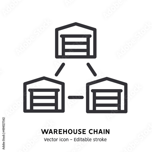 Warehouse chain line icon. Warehouse franchise pictogram. Warehouse rent business, global logistic industry, delivery service flat outline icon. Editable stroke