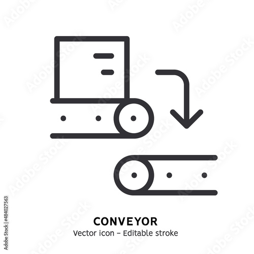 Conveyor line icon. Warehouse conveyor belt with package box pictogram. Warehouse tool, global logistic industry, delivery service frozen product flat outline icon. Editable stroke