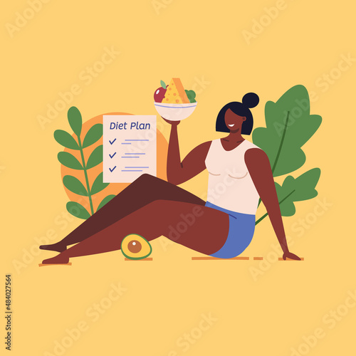 Healthy eco diet plan vector illustration. Fresh organic vegetable. Woman planning diet with fruit and vegetable. Concept of healthy food, meal planning, nutrition consultation, balance diet program