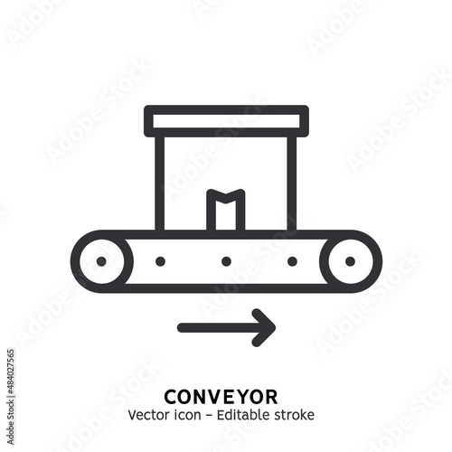 Conveyor line icon. Warehouse conveyor belt with package box pictogram. Warehouse tool, global logistic industry, delivery service frozen product flat outline icon. Editable stroke