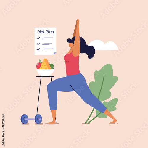 Healthy eco diet plan vector illustration. Fresh organic vegetable. Woman planning diet with fruit and vegetable. Concept of healthy food, meal planning, nutrition consultation, balance diet program