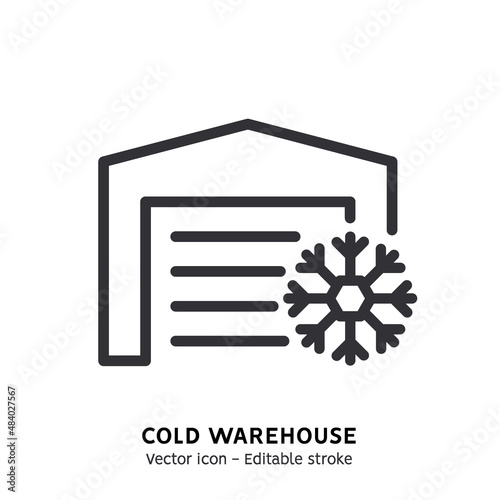 Cold warehouse line icon. Warehouse type pictogram. Warehouse with fridge and refrigerator, global logistic industry, delivery service frozen product flat outline icon. Editable stroke