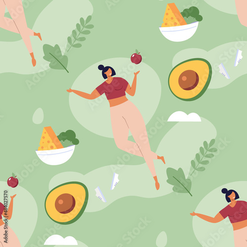 Healthy eco diet plan vector illustration. Fresh organic vegetable. Woman planning diet with fruit and vegetable. Concept of healthy food, meal planning, nutrition consultation, balance diet program