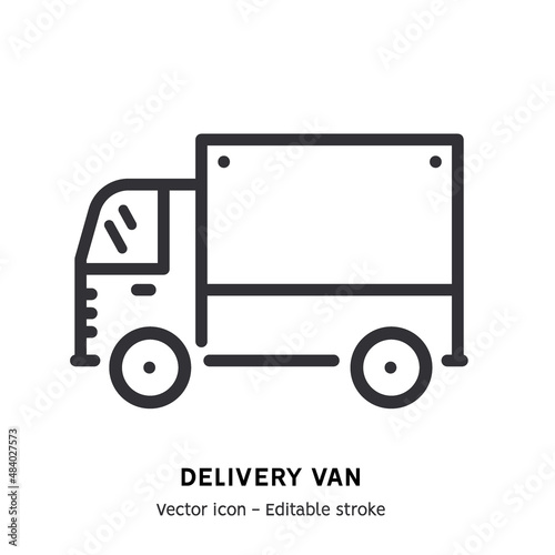 Warehouse transport line icon. Delivery van pictogram. Warehouse car, global logistic industry, delivery service flat outline icon. Editable stroke