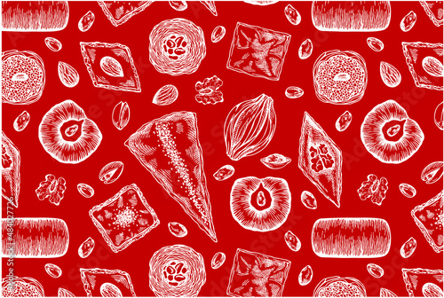 Sketch hand drawn pattern with turkish baklava isolated on red background. Line art drawing oriental sweets wallpaper. Engraved baked arabic dessert with pistachio, honey, almond. Vector illustration.