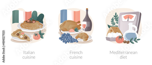 Classic european cuisine abstract concept vector illustrations.
