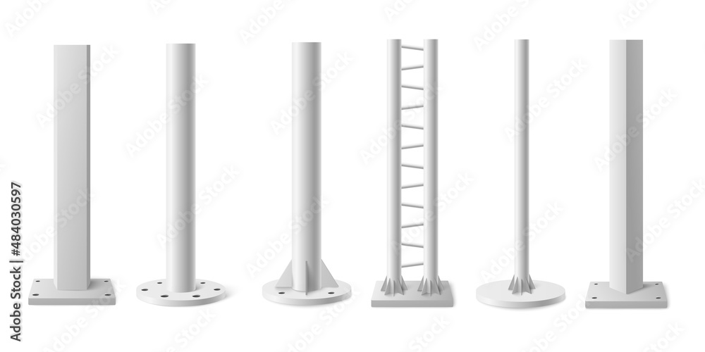 Metal poles or columns in realistic 3d style, vector illustration isolated on white background.
