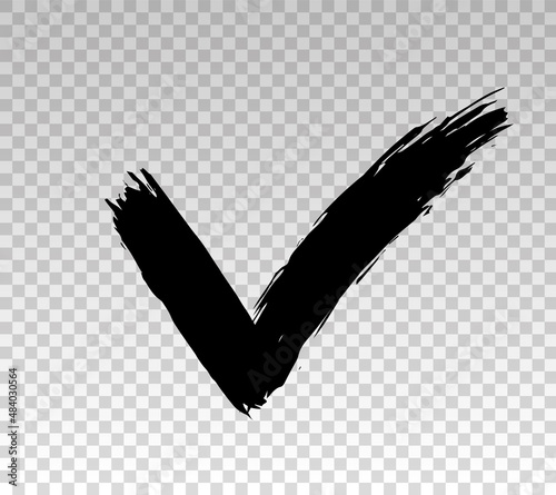 Check black icon. Correct mark. Checkmark sign isolated on transparent background. Tick box. Hand drawn right symbol. Checklist brush. Approved logo. Positive concept. Select yes. Vector illustration
