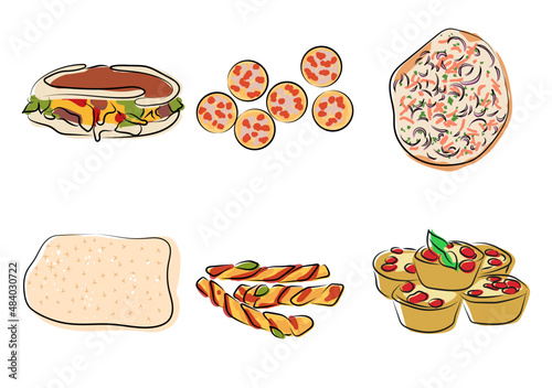 Drawing Pizza Alternatives: Pizza Burger, Mini Pizza, Flame Cake, Focaccia, Pizza Sticks and Pizza Cupcakes