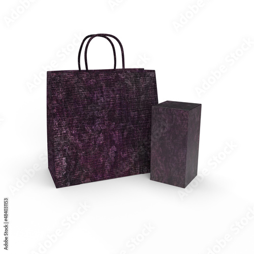 Eine schwarz violette Einkaufstasche und eine Parfümverpackung photo
