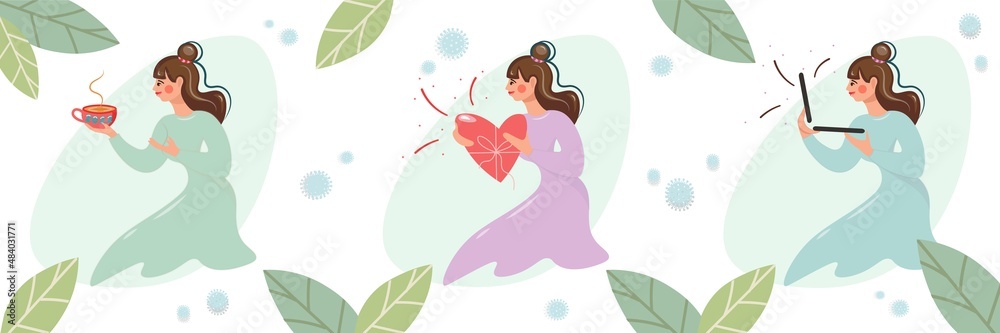 Set with a girl on a background of spring leaves. A woman in a green dress drinks coffee, in pink she holds a heart, in blue she works on a laptop. Vector composition in coronavirus. Positive attitude Set with a girl on a background of spring leaves. A woman in a green dress drinks coffee, in pink she holds a heart, in blue she works on a laptop. Vector composition in coronavirus. Positive attitude