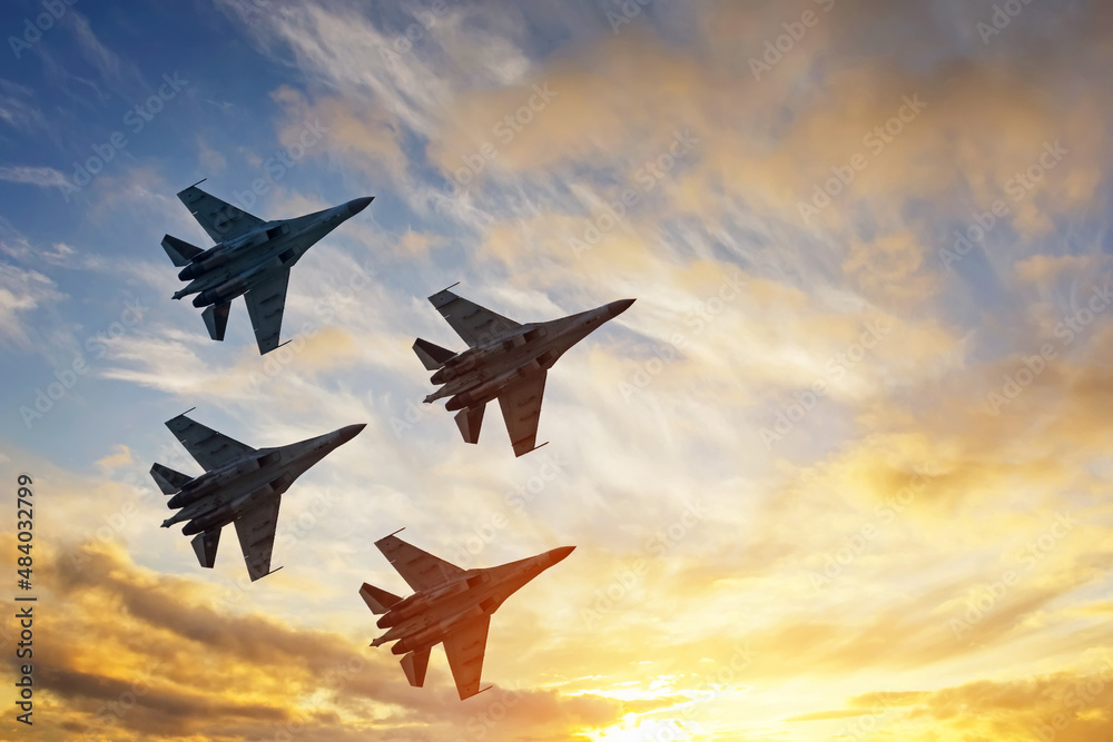 Four fighter jets in the shape of a diamond in the sky beautiful sunset. - obrazy, fototapety, plakaty 