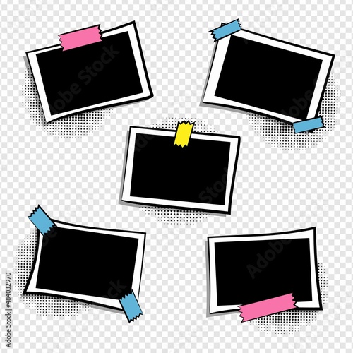 Set of frames in pop art style. Collection of photo frames in comic style for a photo album. Color stickers on frames. Template for the design of frames for photographs, posters, cards, stickers. vect