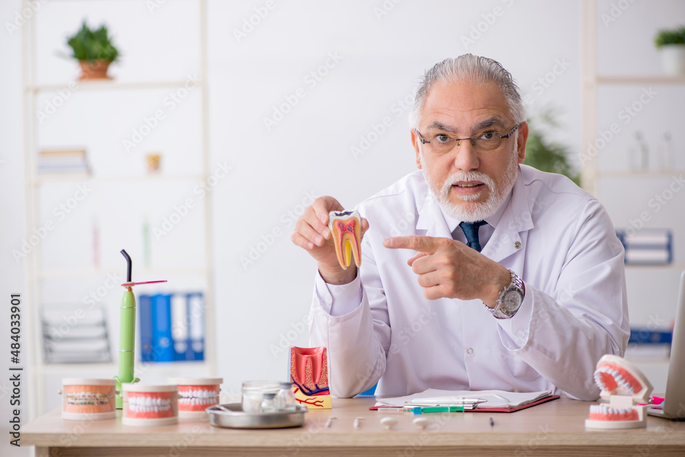 Old male doctor dentist working in the clinic
