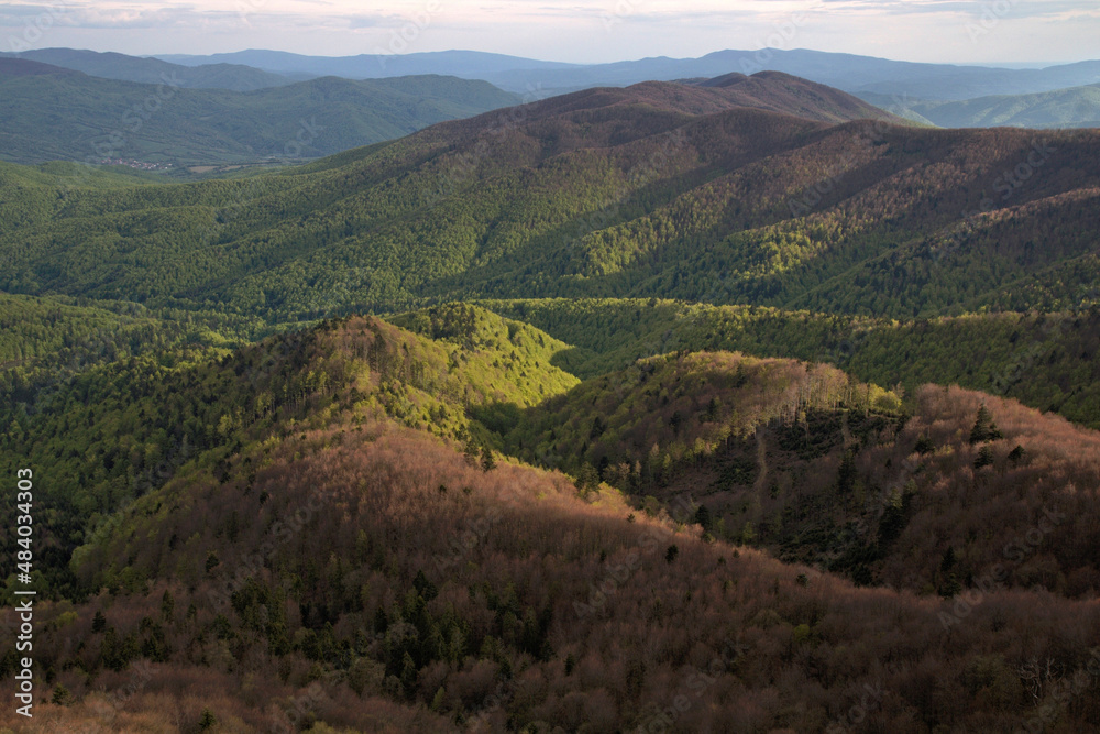 Spring in the Bieszczady Mountains, view from Rabia Skala at sunset, Polish-Slovak border