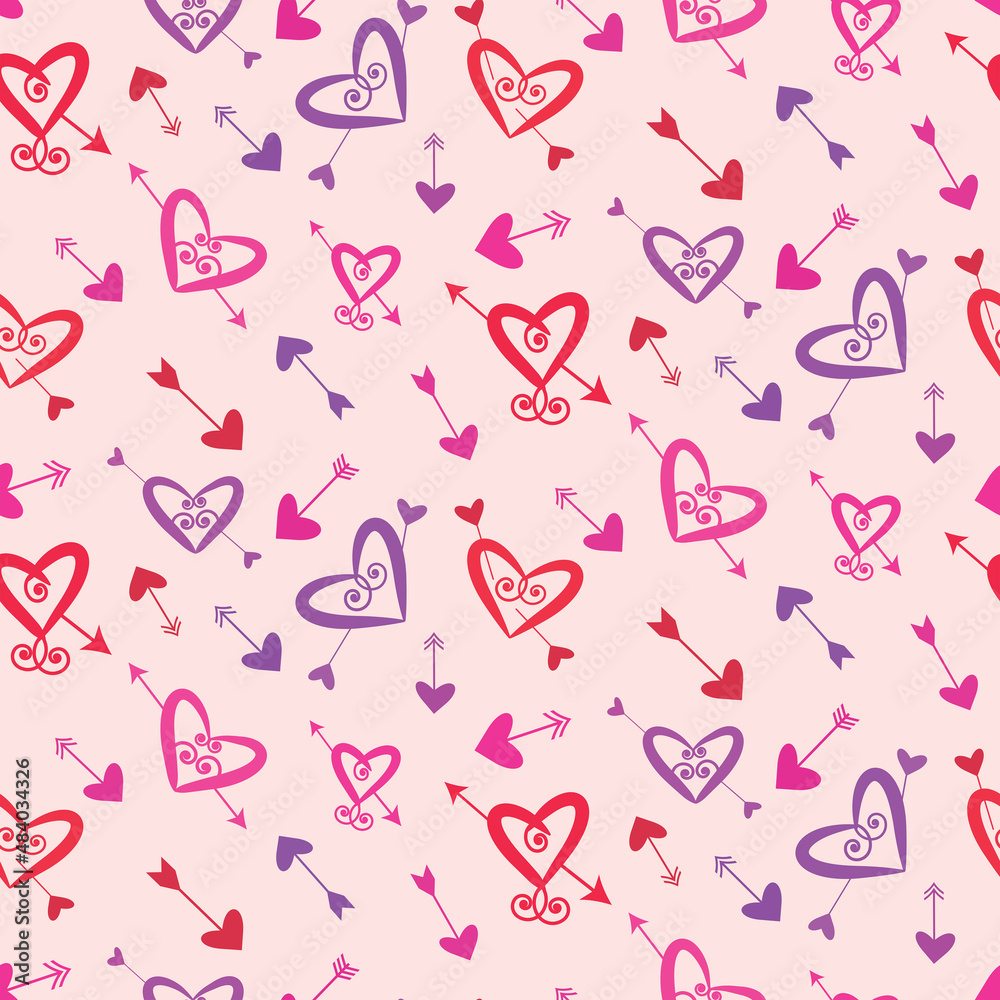 Vector red, pink and purple love hearts in swirly shapes with arrows. Great for Valentine gifts wrapping paper, scrapbooking and textile Vector red, pink and purple love hearts in swirly shapes with arrows. Great for Valentine gifts wrapping paper, scrapbooking and textile