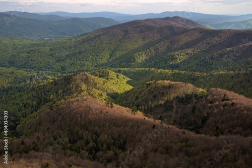 Fototapeta Naklejka Na Ścianę i Meble -  Spring in the Bieszczady Mountains, view from Rabia Skala at sunset, Polish-Slovak border