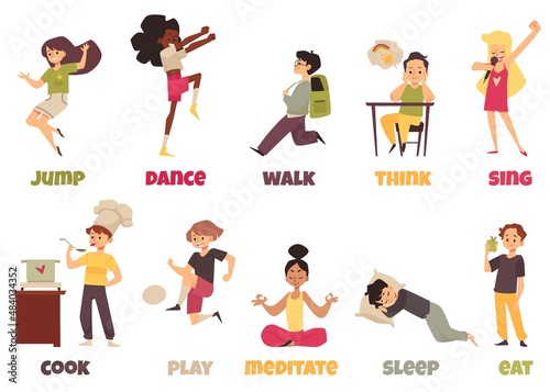Children actions set for learning English verbs, vector illustration isolated.