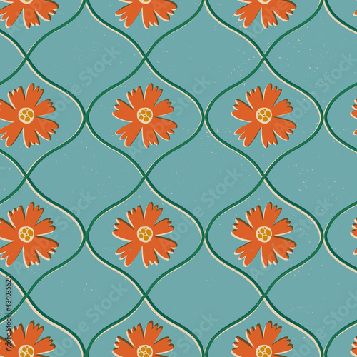 Cute retro style floral seamless pattern with 50s, 60s, 70s vibes for wallpaper, wrapping paper, textile, fabric print.