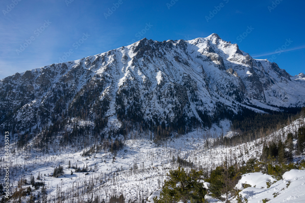 Fototapeta premium Snowy winter mountain landscape in the Tatra Mountains. Slavkovsky Peak.