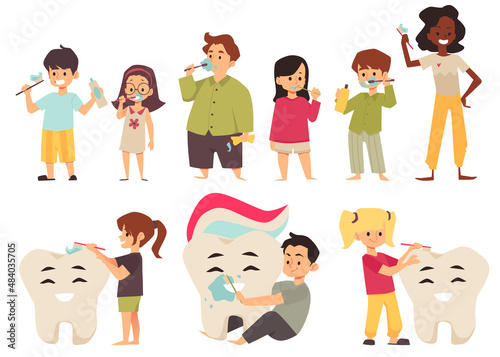 Kids brush teeth with toothbrush, dental hygiene concept - flat vector illustration isolated on white background.