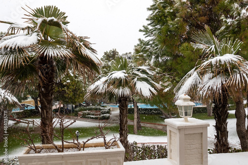 Heavy snowfall on the Mediterranean coast. Snow storm and white covered palm trees. Empty beaches and hotel cafes.