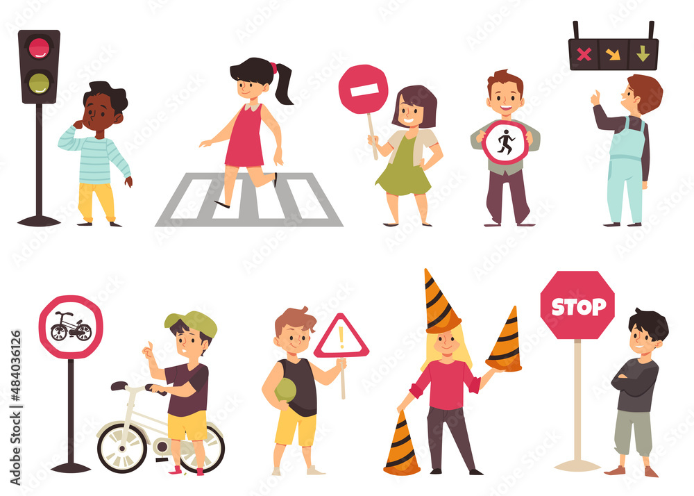 Cute children learning traffic rules, flat vector illustration isolated on white background.