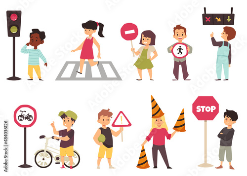 Cute children learning traffic rules, flat vector illustration isolated on white background.
