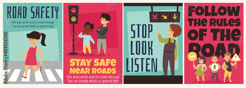 Kids with road signs learning traffic rules on crosswalk and lights, set of cartoon posters, flat vector illustration.