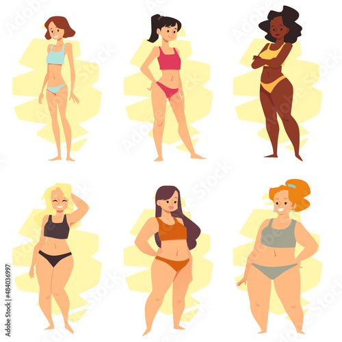 Women of different weight and body types isolated on white background, flat vector illustration.