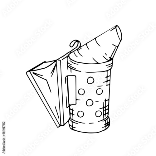 Smoker for bees hand drawn illustration in hatching style. Isolated vector.