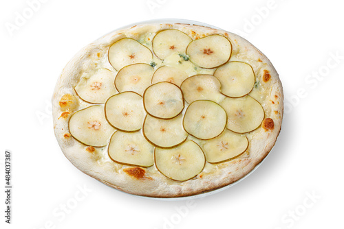 Fruit homemade sweet pear pizza with cheese and honey on white isolated background