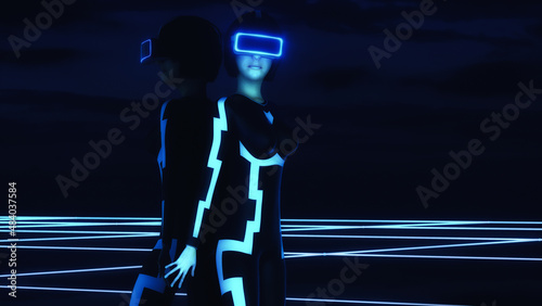a young woman using a virtual reality headset in cyberspace (3d rendering)